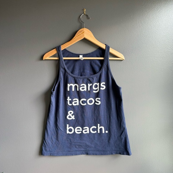 Mama Lou's Women Margs Tacos and Beach Graphic Tee Size M Navy Blue Scoop Neck - Picture 1 of 3